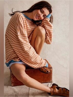 We the Free People Classic Striped Oversized Crewneck Contrast Hem Sz L NWOT